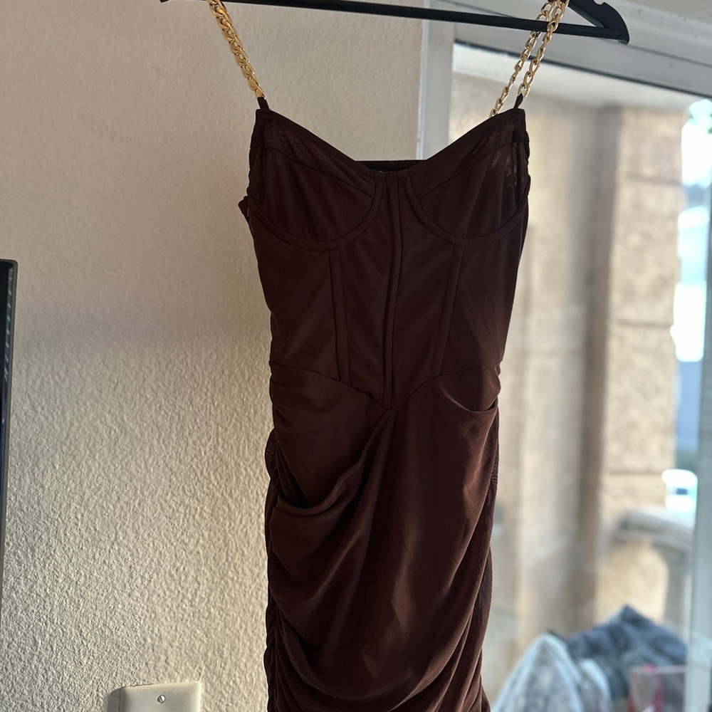 PrettyLittleThing Brown Strapless Dress with Gold Straps